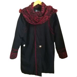 EPSILON Black & Red Boiled Wool Zipper Front Scarf & Hood Winter Jacket Large